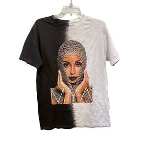Mya‎ Graphic T Shirt Split Black White Tie Dye Portrait Print Size L NWOT